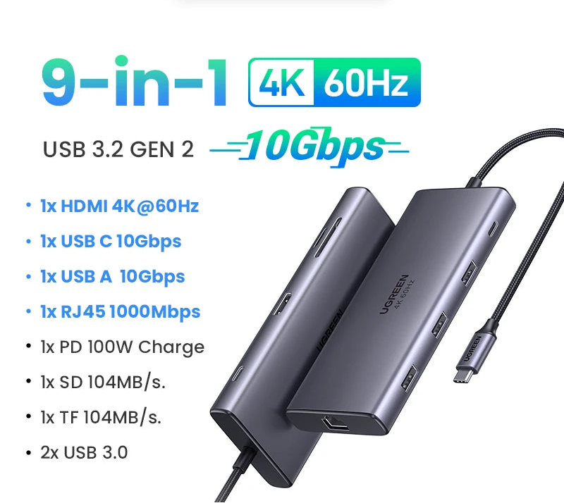 10Gbps USB-C Hub 9-in-1 Dock with 4K@60Hz HDMI, Gigabit Ethernet, SD/TF Reader and 100W PD
