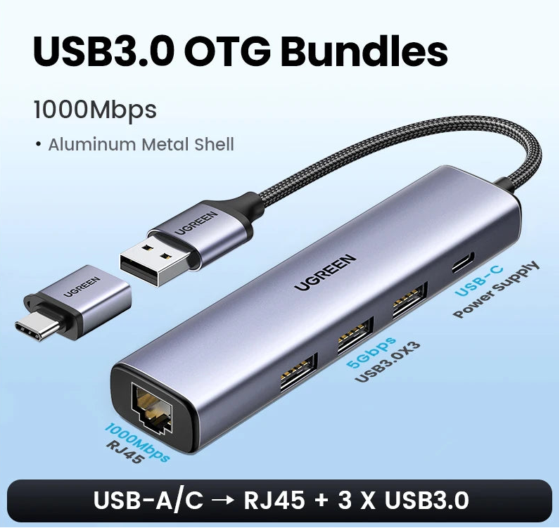 USB 3.0 Gigabit Ethernet Adapter with 3-Port Hub RJ45 LAN Network Card for Laptop PC