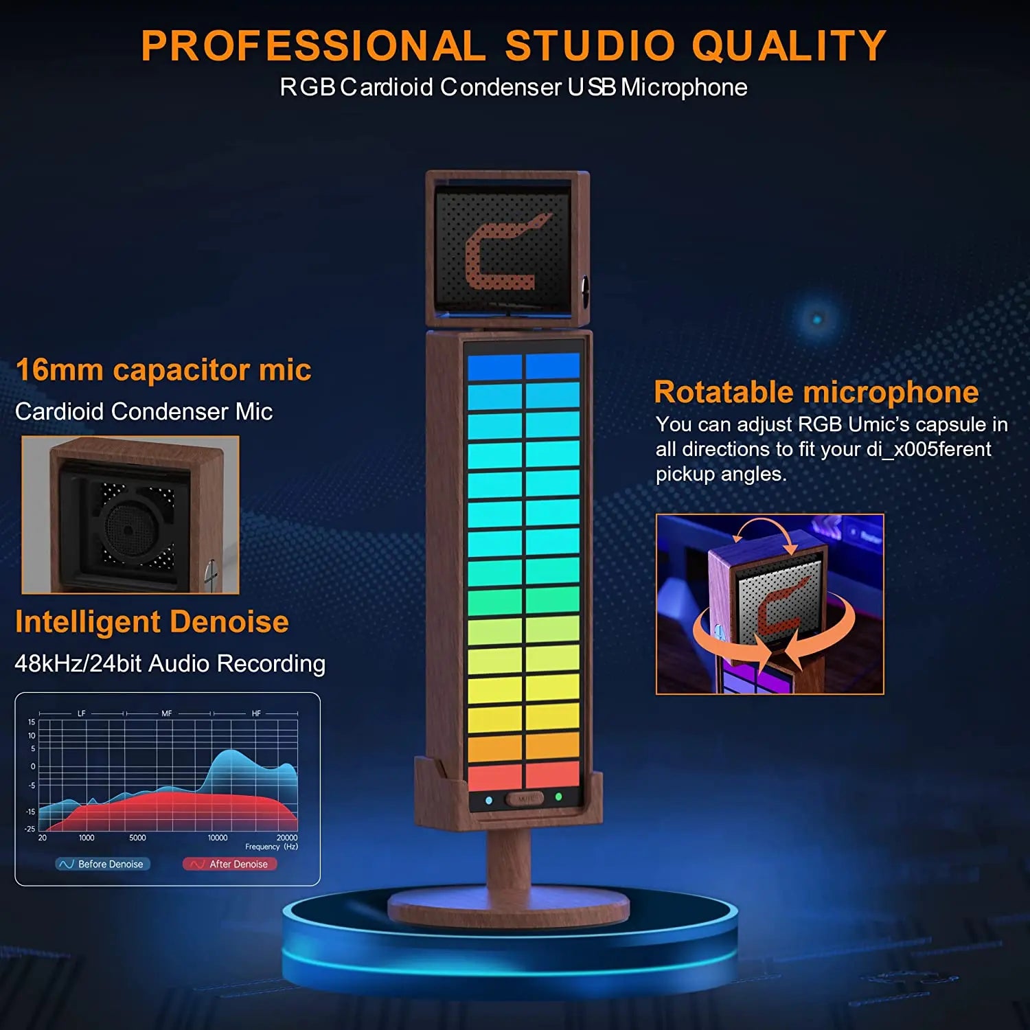 RGB USB Cardioid Condenser Microphone with Adjustable RGB Lighting for Streaming Podcast Gaming