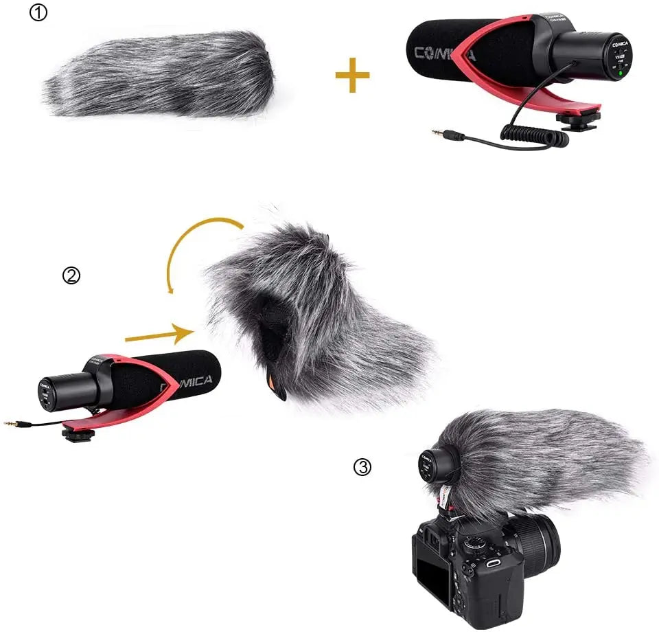 Super Cardioid Condenser Shotgun Microphone for DSLR Cameras and Smartphones with Wind Muff