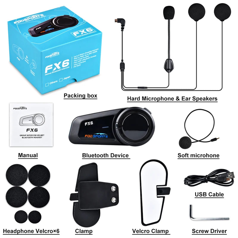 Bluetooth Motorcycle Helmet Intercom with FM Radio, 6-Rider Group Communication Waterproof Headset