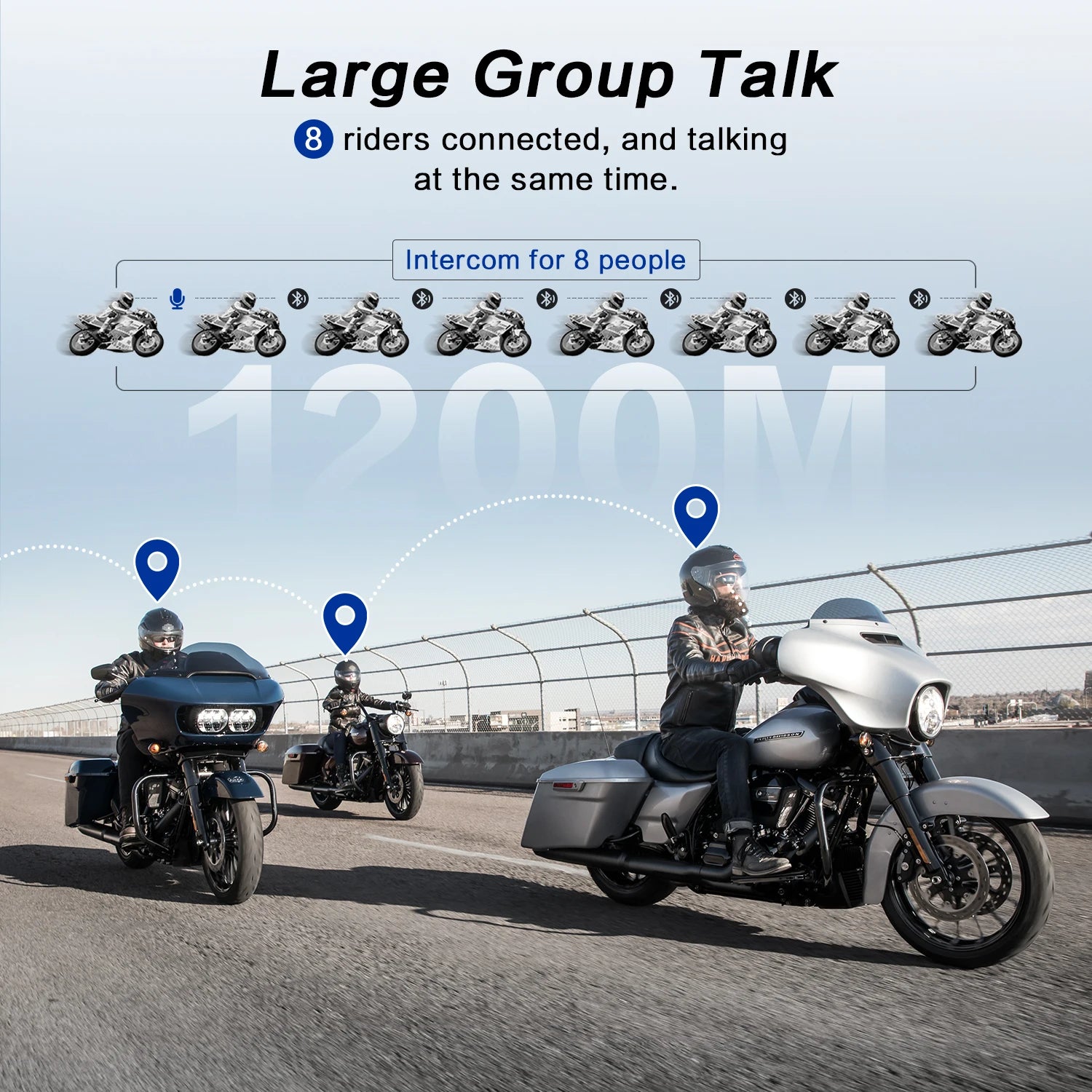 Motorcycle Helmet Bluetooth Intercom Headset with Music Sharing FM Radio Supports 8 Riders