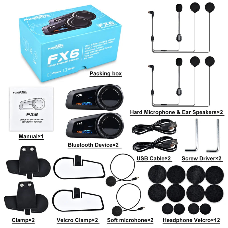 Bluetooth Motorcycle Helmet Intercom with FM Radio, 6-Rider Group Communication Waterproof Headset