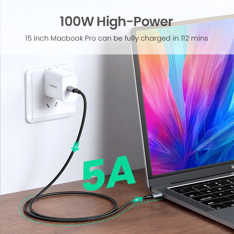 100W USB-C to USB-C Fast Charge Cable 5A for Latest Smartphones Laptops Quick Charge 4.0 Power