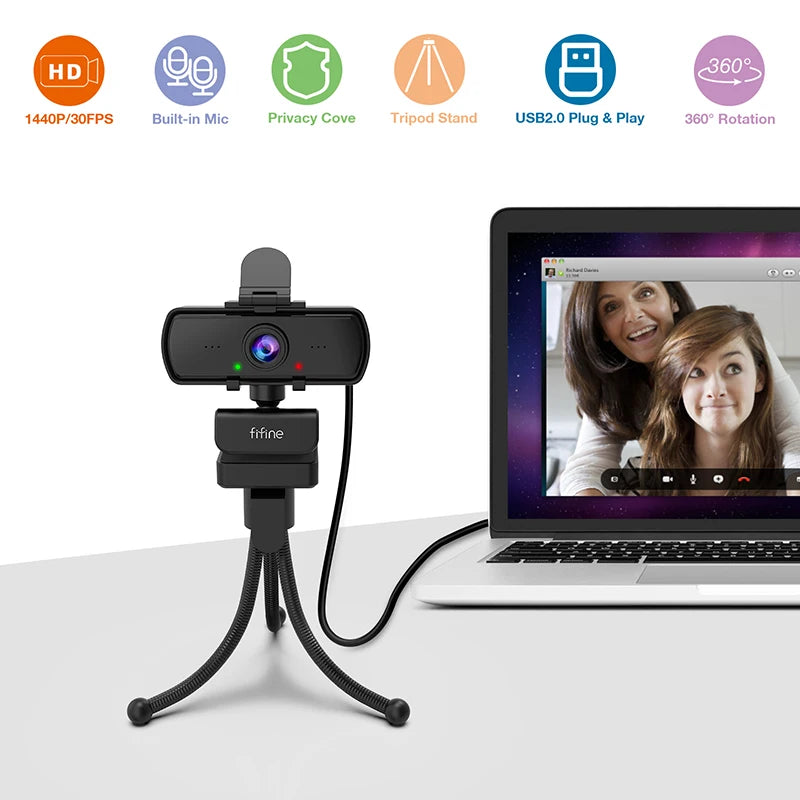 1440p Full HD USB Webcam with Microphone and Tripod for PC Laptop Video Calls Streaming