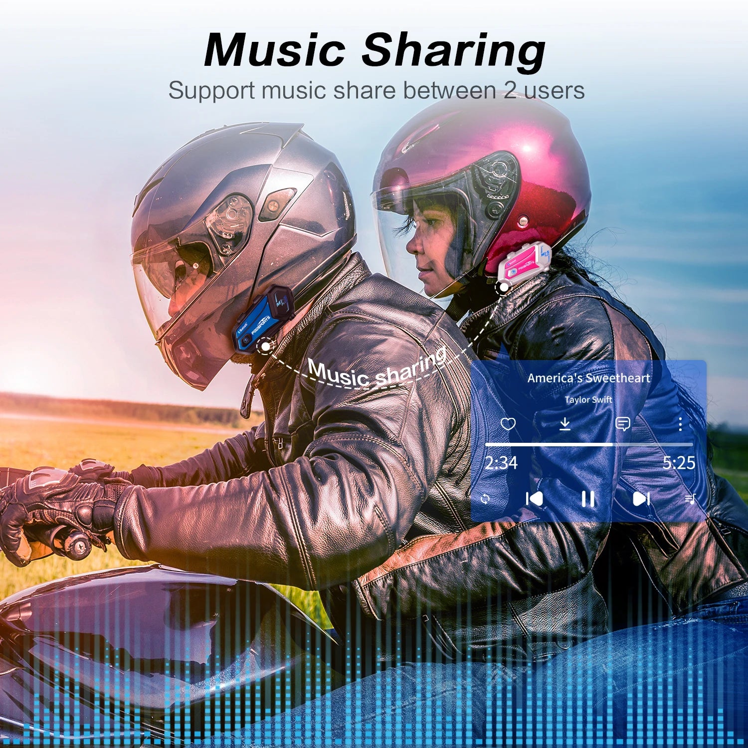 Motorcycle Helmet Bluetooth Intercom Headset with Music Sharing FM Radio Supports 8 Riders