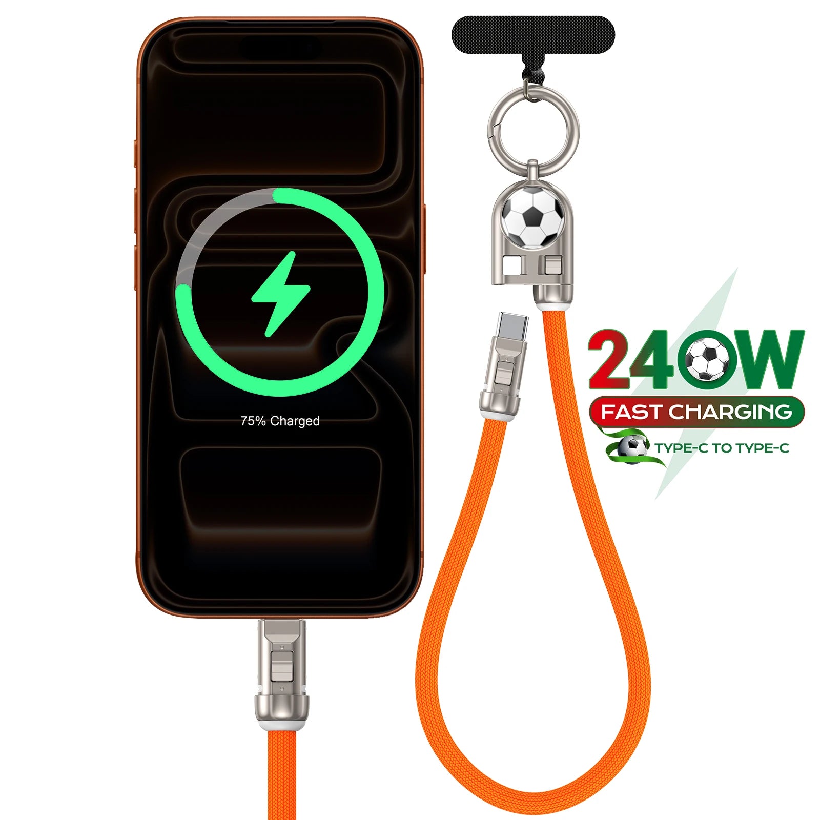 2 in 1 240W USB C Fast Charging Data Cable with Lanyard for iPhone Samsung and Huawei Devices