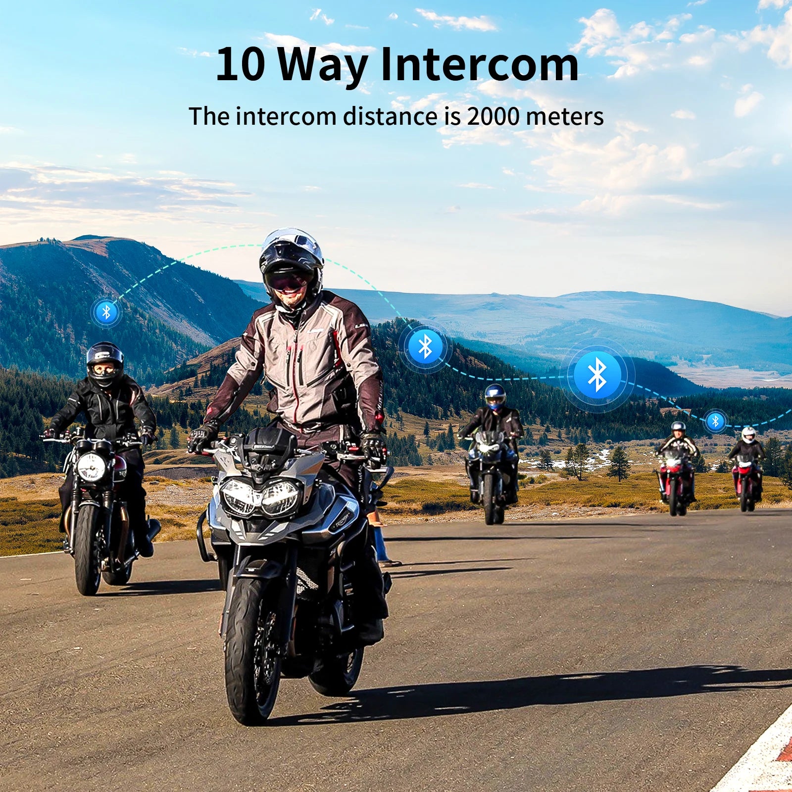 Pair of Mesh Bluetooth Motorcycle Helmet Intercom Headsets for Up to 10 Riders with 2000m Range