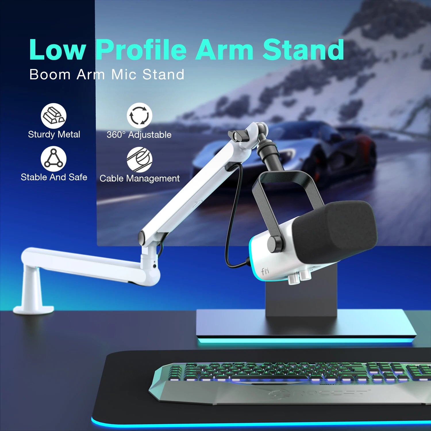 Low Profile Microphone Boom Arm with Desk Mount & Cable Management for Streaming and Podcasting