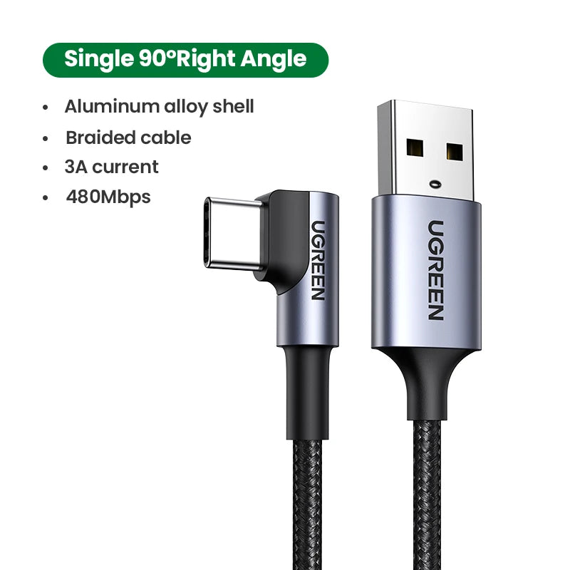 90 Degree USB-C to USB-C Fast Charge Cable 3A Nylon Right Angle Gaming Data Lead 480Mbps