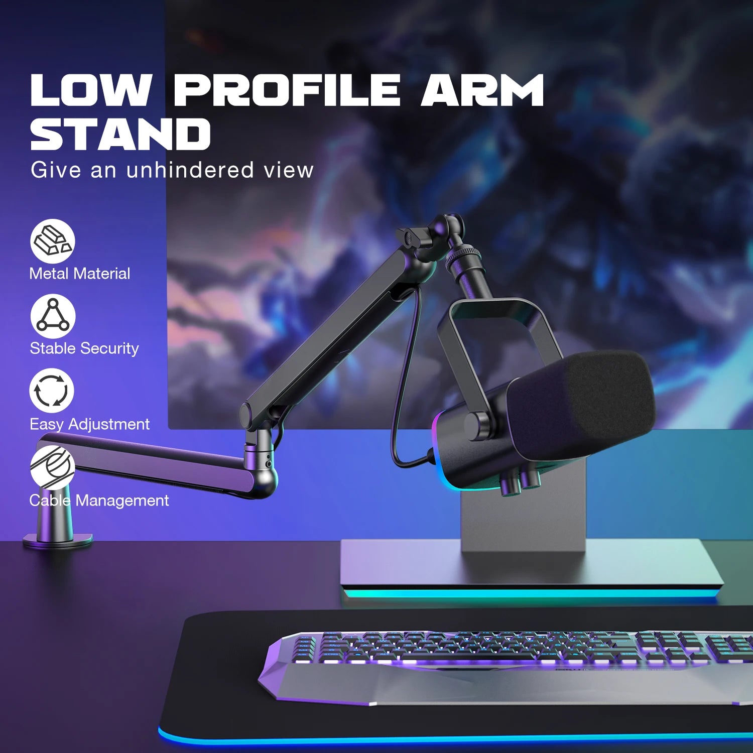 Low Profile Adjustable Boom Arm Microphone Stand with Desk Clamp Cable Management for Streaming