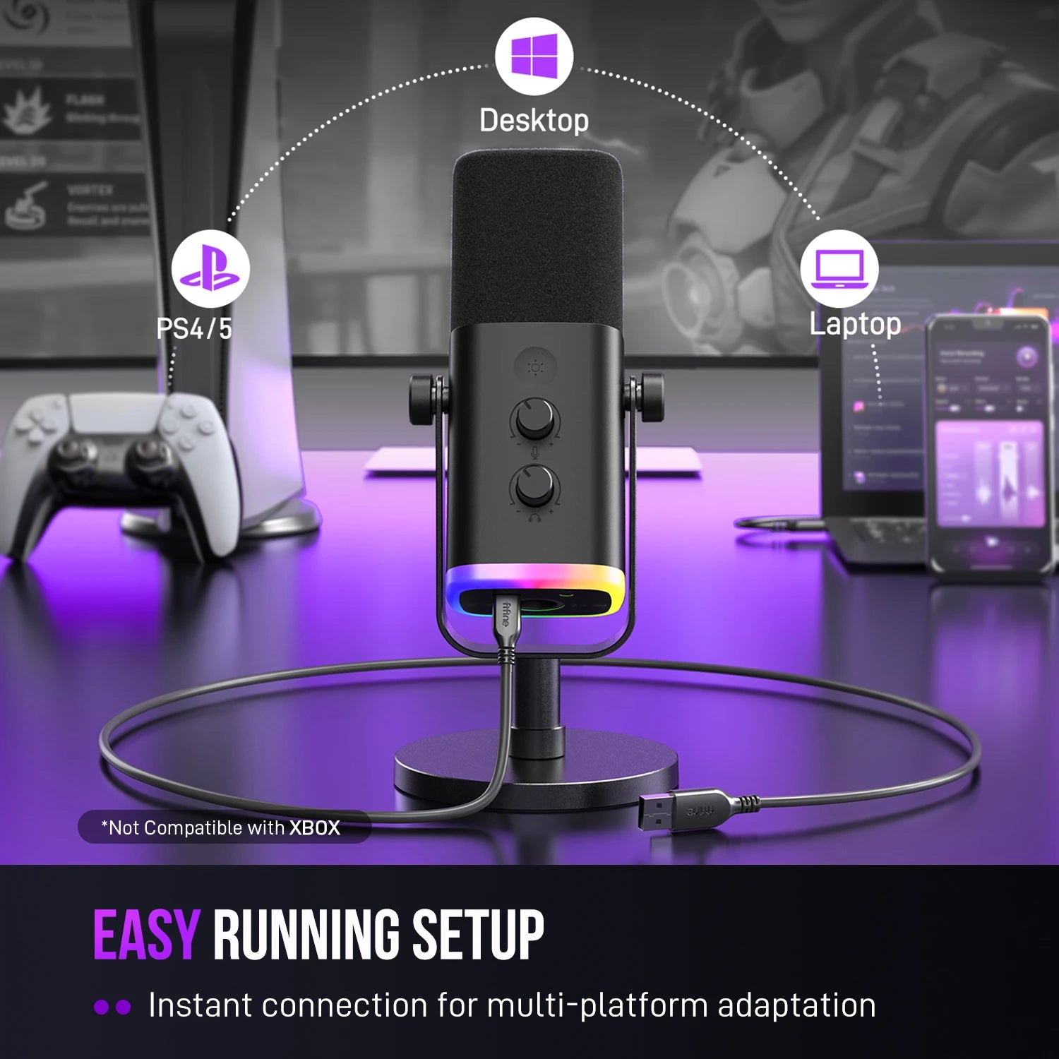 USB/XLR Dynamic Gaming Microphone with RGB Lighting Headphone Jack Mute Control for Streaming