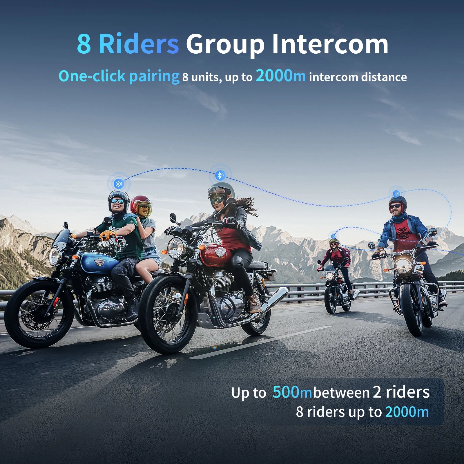 Bluetooth Motorcycle Helmet Intercom Headset for 8 Riders with 2000m Range and Noise Reduction