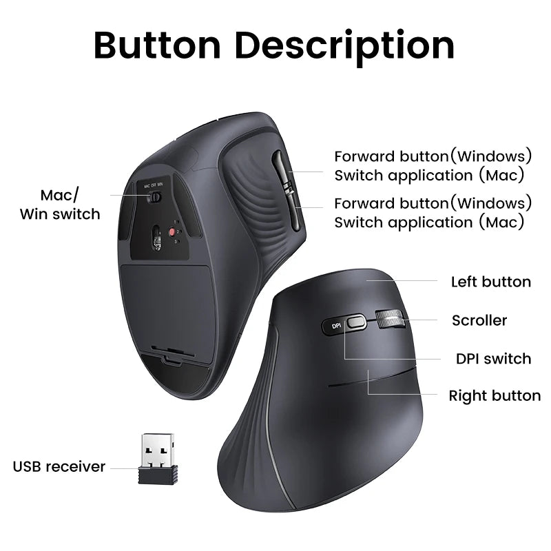 Vertical Wireless Ergonomic Mouse Bluetooth 5.0 2.4G 4000 DPI Silent 6 Button for PC Laptop