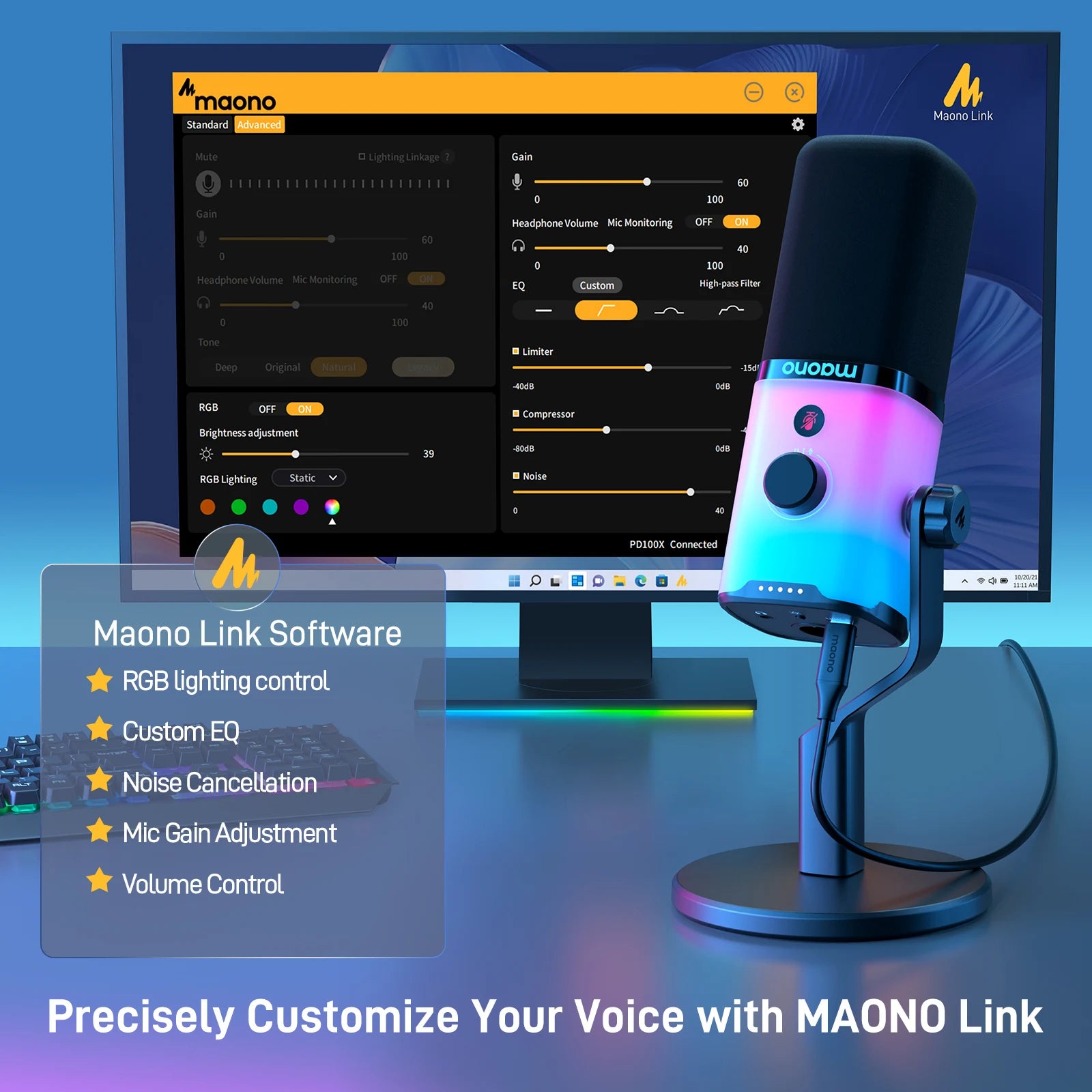 MAONO PD100X USB/XLR Dynamic Microphone with RGB, Noise Reduction & Headphone Jack for Gaming