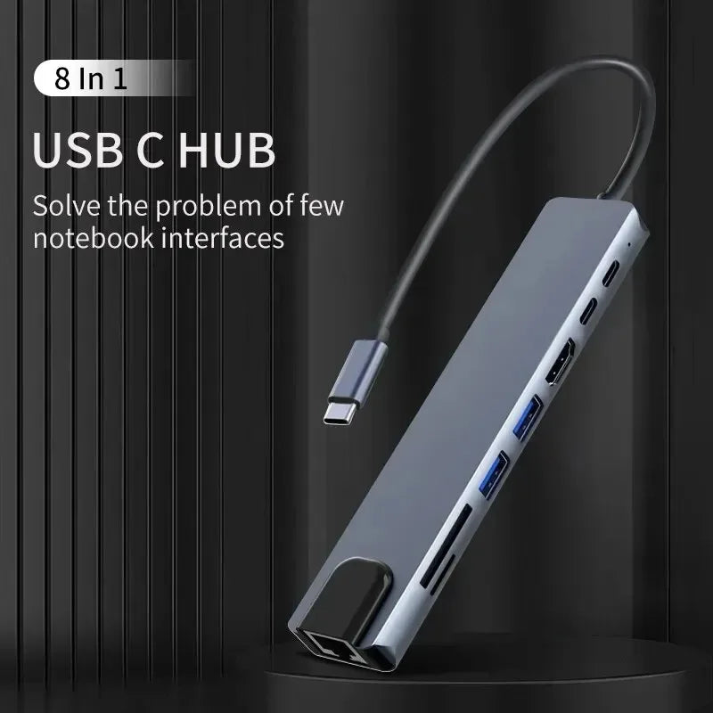 8-in-1 USB-C Hub with 4K HDMI RJ45 SD/TF Reader and Fast PD Charging for Laptops and MacBook PCs Pro