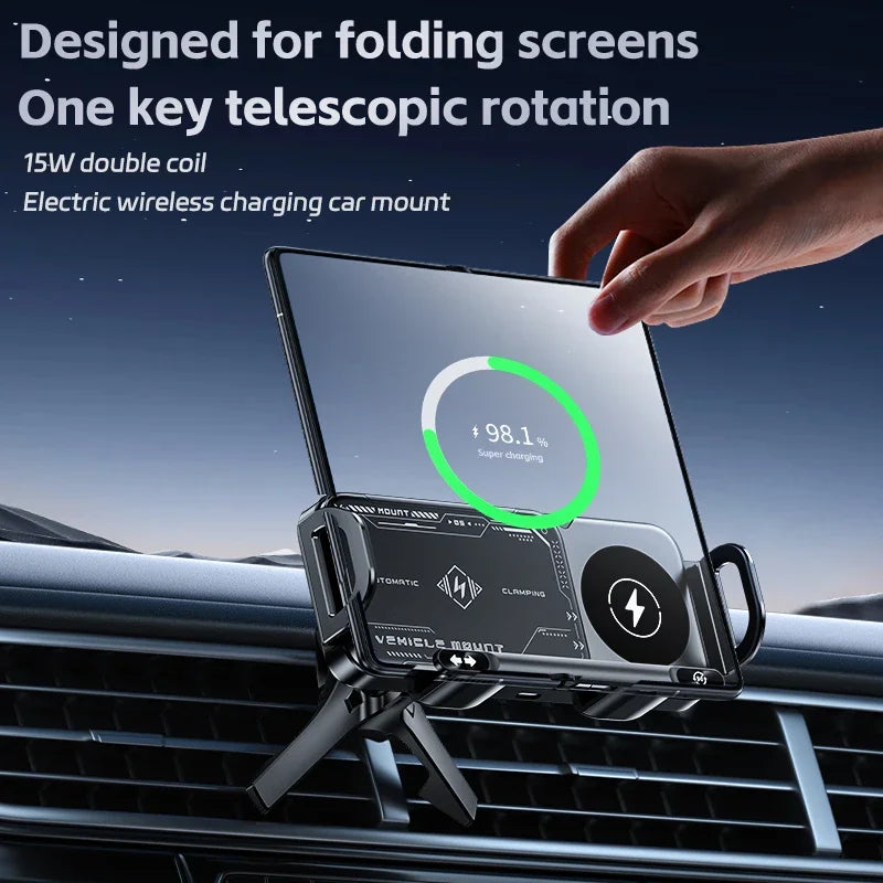 Dual Coil Fast Wireless Car Charger Stand with Foldable Design for Smartphones