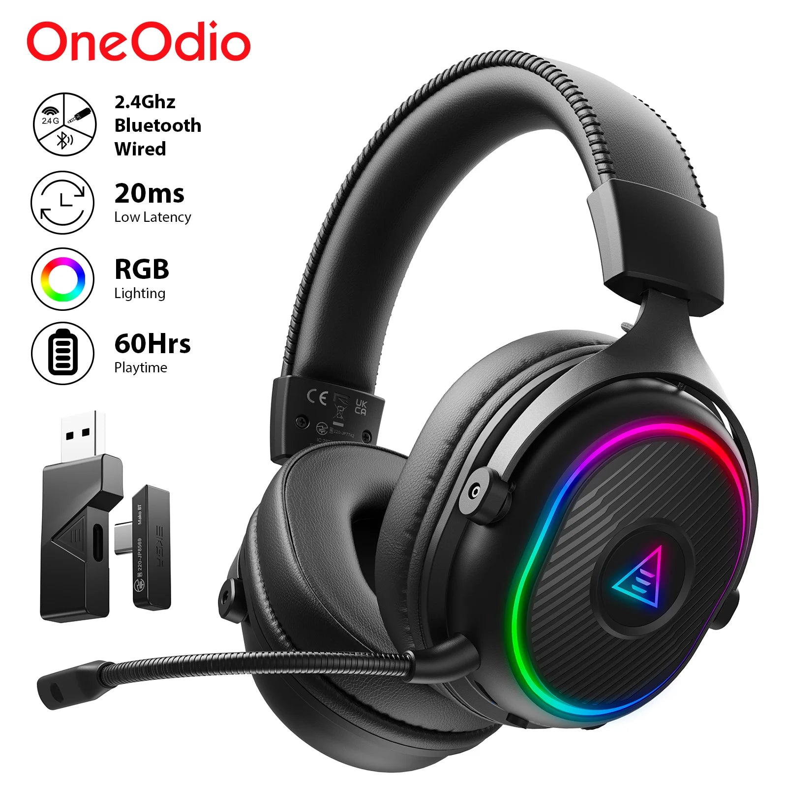 Wireless Over Ear Gaming Headset with Bluetooth and 2.4GHz Low Latency Audio for PC and Console