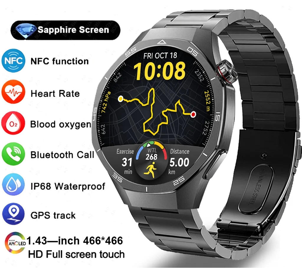 1.43" AMOLED GPS NFC Smart Watch with Bluetooth Calling & Health Monitor Waterproof Sports