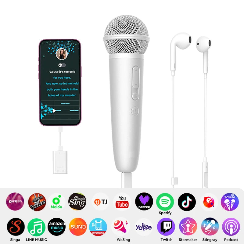 Wireless Karaoke Microphone with Earphone Feedback for Singing Recording Compatible with Music Apps