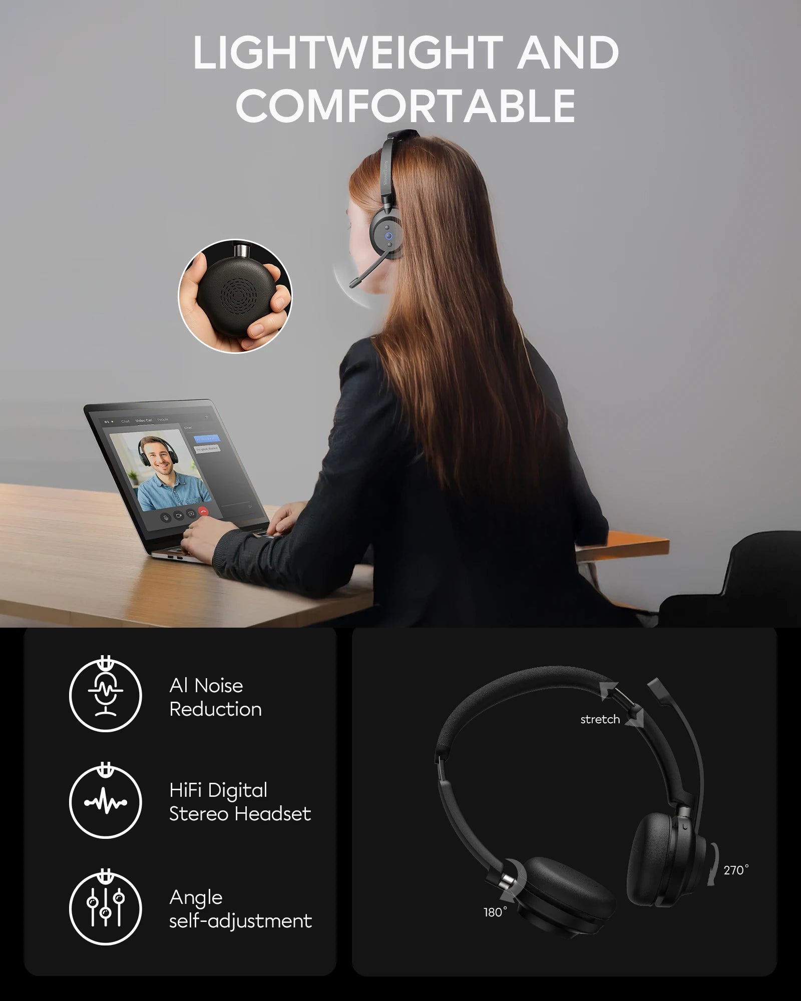 Wireless Bluetooth Over Ear Headset with Noise Cancelling Microphone for Work and Social Calls