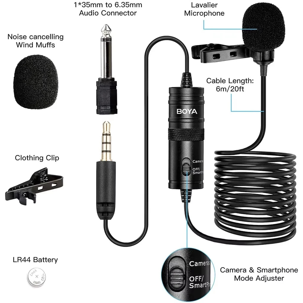 Universal Clip-On Lavalier Microphone 6m Cable 3.5mm TRRS Phone Camera PC Streaming Recording