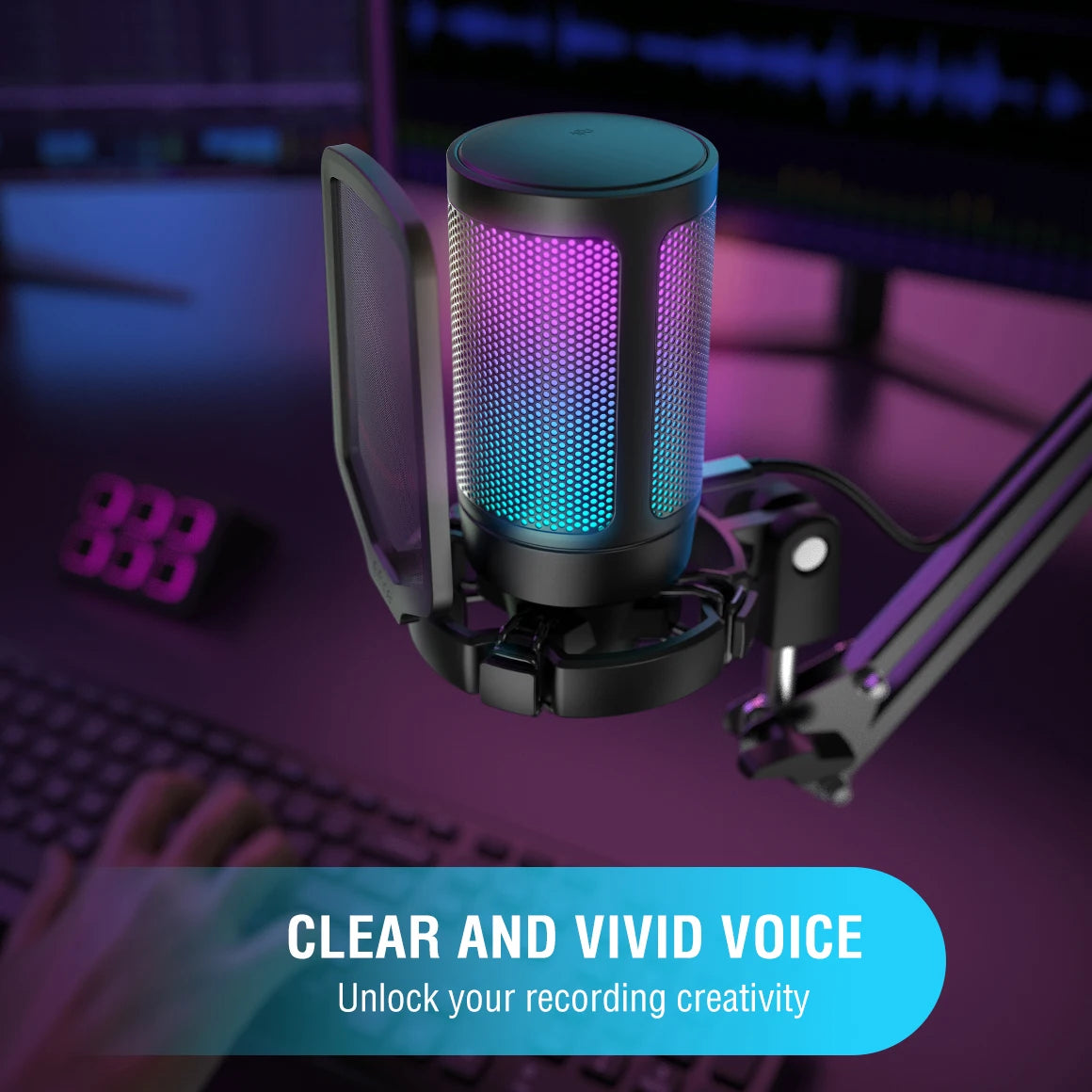 FIFINE A6V USB Condenser Gaming Microphone with RGB Lighting, Pop Filter & Gain Control