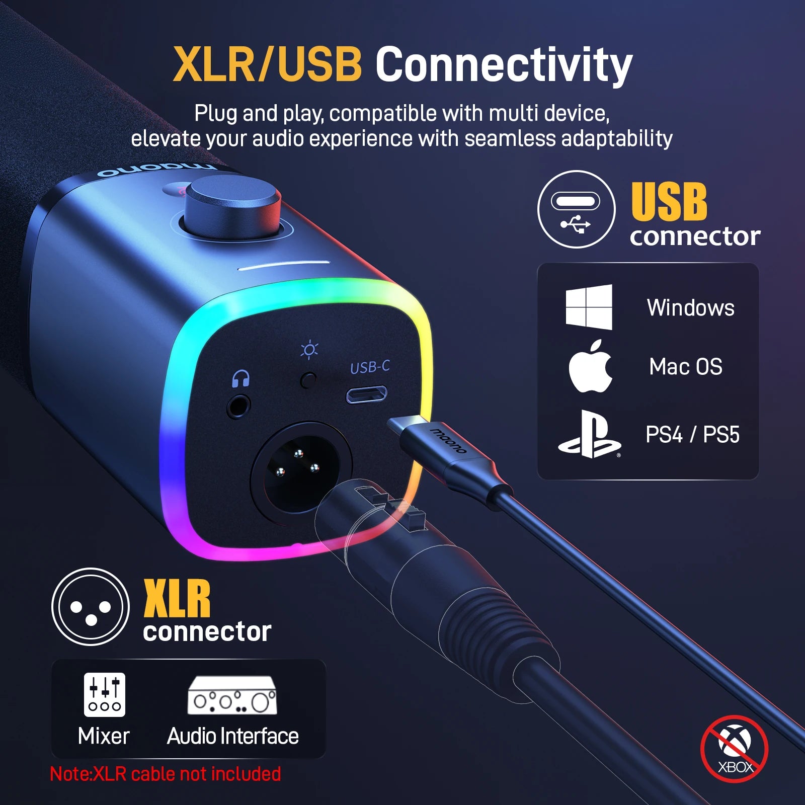 RGB Dynamic Gaming Microphone with USB and XLR Output Noise Reduction for Streaming Recording