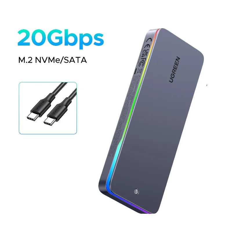 20Gbps USB C M.2 SSD Enclosure NVMe SATA External Case USB 3.2 Gen 2x2 with RGB Lighting