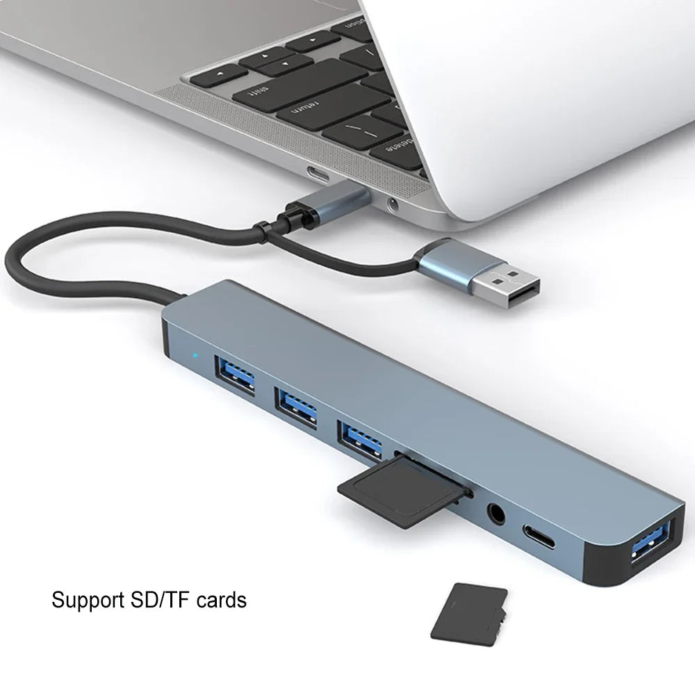 8 Port USB C Hub with SD TF Card Reader Docking Station and USB 3.0 Splitter Adapter