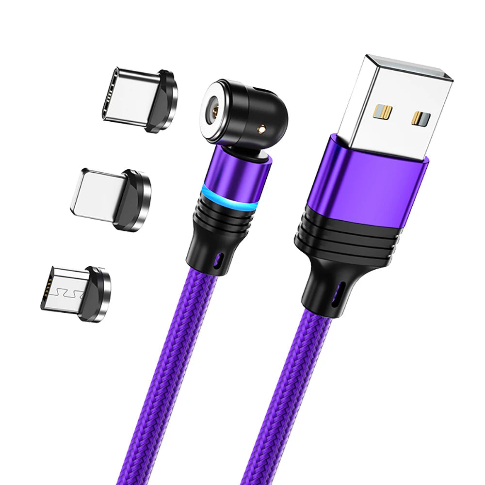 3 in 1 540 Degree Rotating Magnetic Charging Cable with LED Connector for Type C Micro iPhone