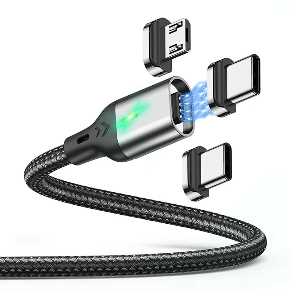Magnetic 3A Fast Charging Cable with LED Light and Nylon Braid for iPhone Type C Micro USB