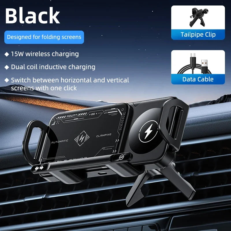 Dual Coil Fast Wireless Car Charger Stand with Foldable Design for Smartphones