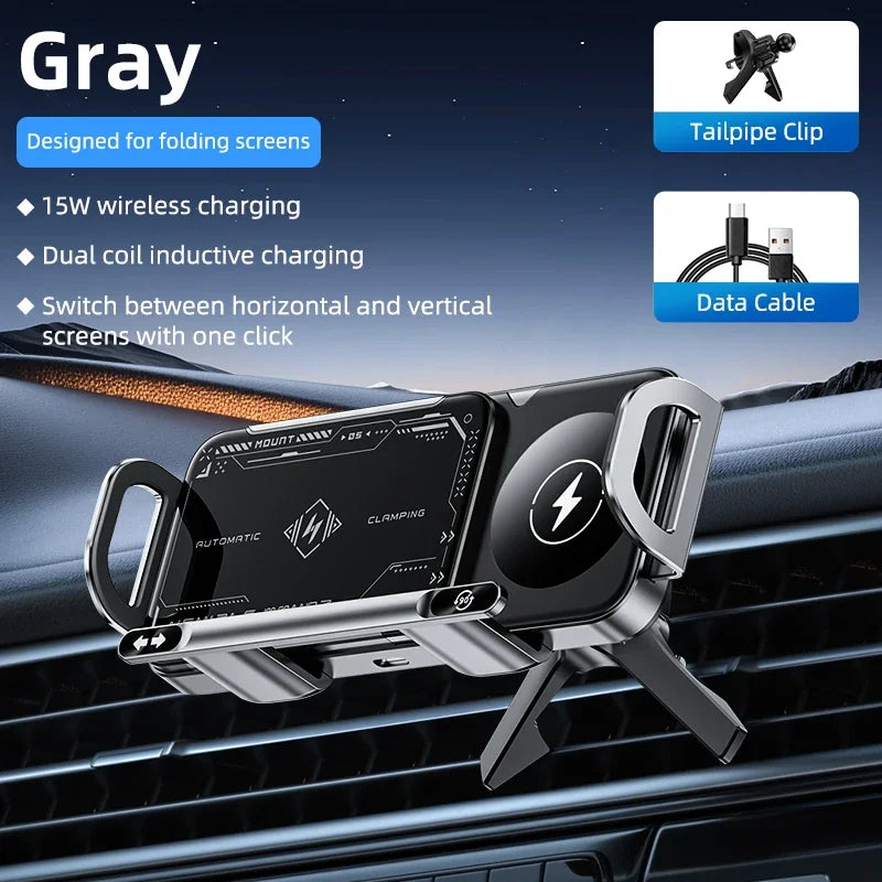 Dual Coil Fast Wireless Car Charger Stand with Foldable Design for Smartphones