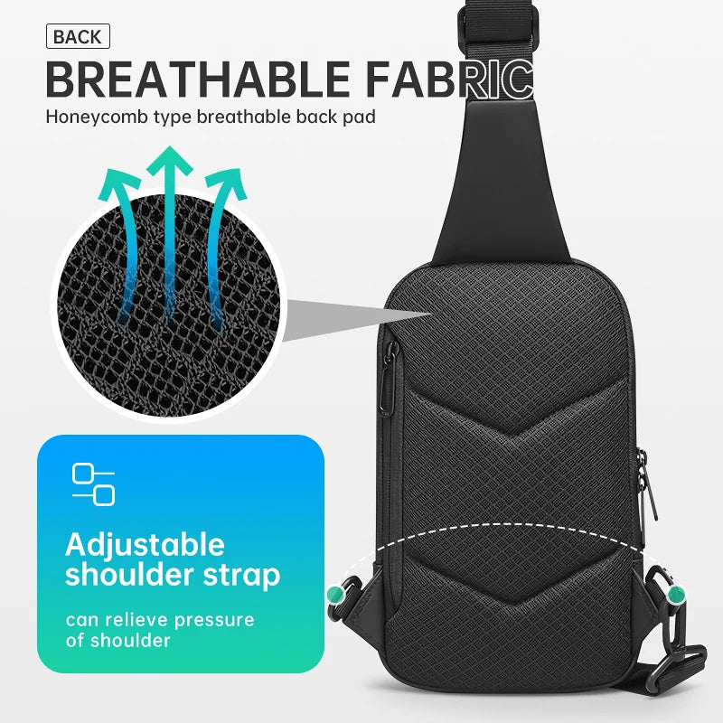 Men’s Black Oxford Crossbody Sling Bag with USB Charging and Water Resistant Chest Design 7.9 Inch