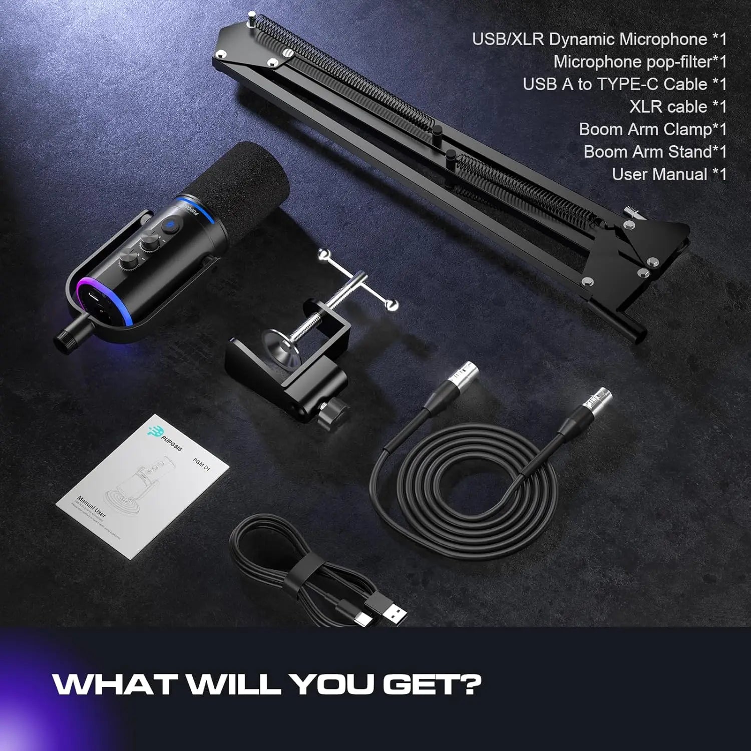 USB XLR Dynamic Microphone for Gaming Streaming and Podcast Recording with RGB Lighting