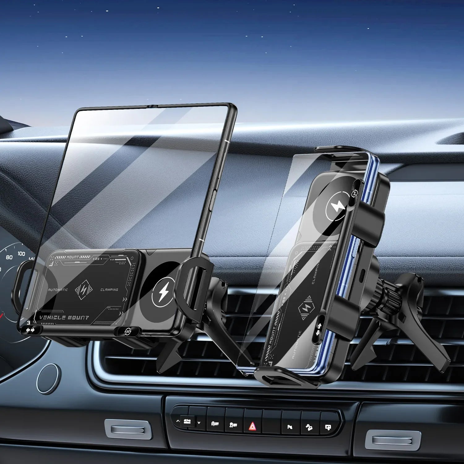 Dual Coil Fast Wireless Car Charger Stand with Foldable Design for Smartphones