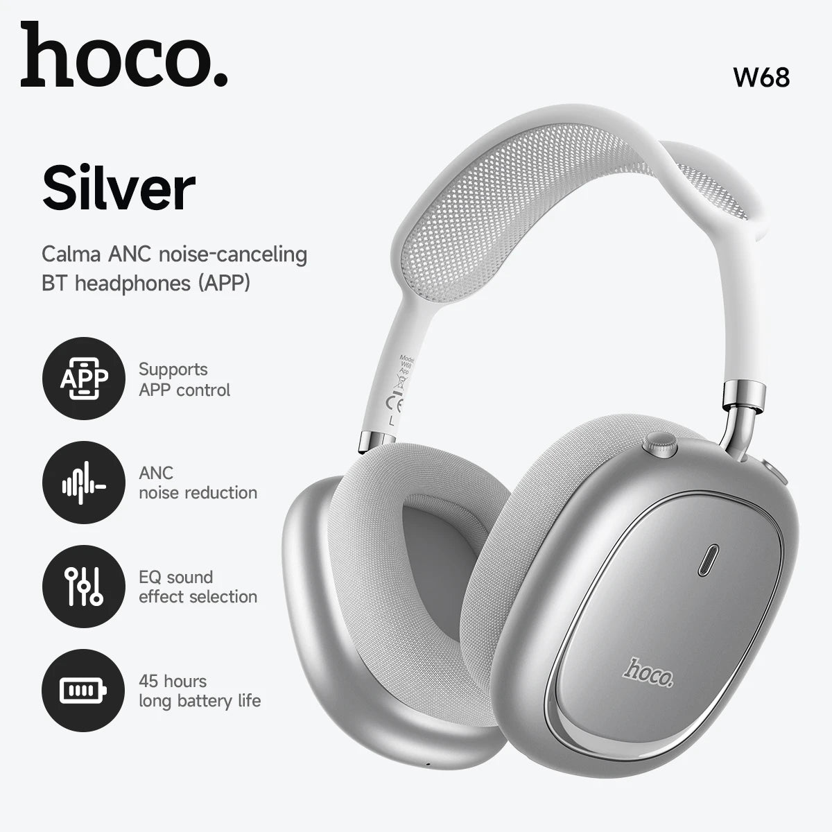 Wireless Over-Ear ANC Bluetooth Headphones with App Control and Built-In Microphone for Calls