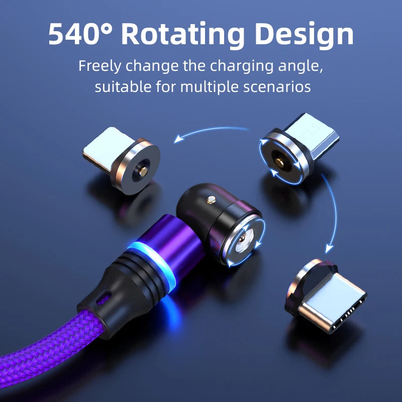 3 in 1 540 Degree Rotating Magnetic Charging Cable with LED Connector for Type C Micro iPhone