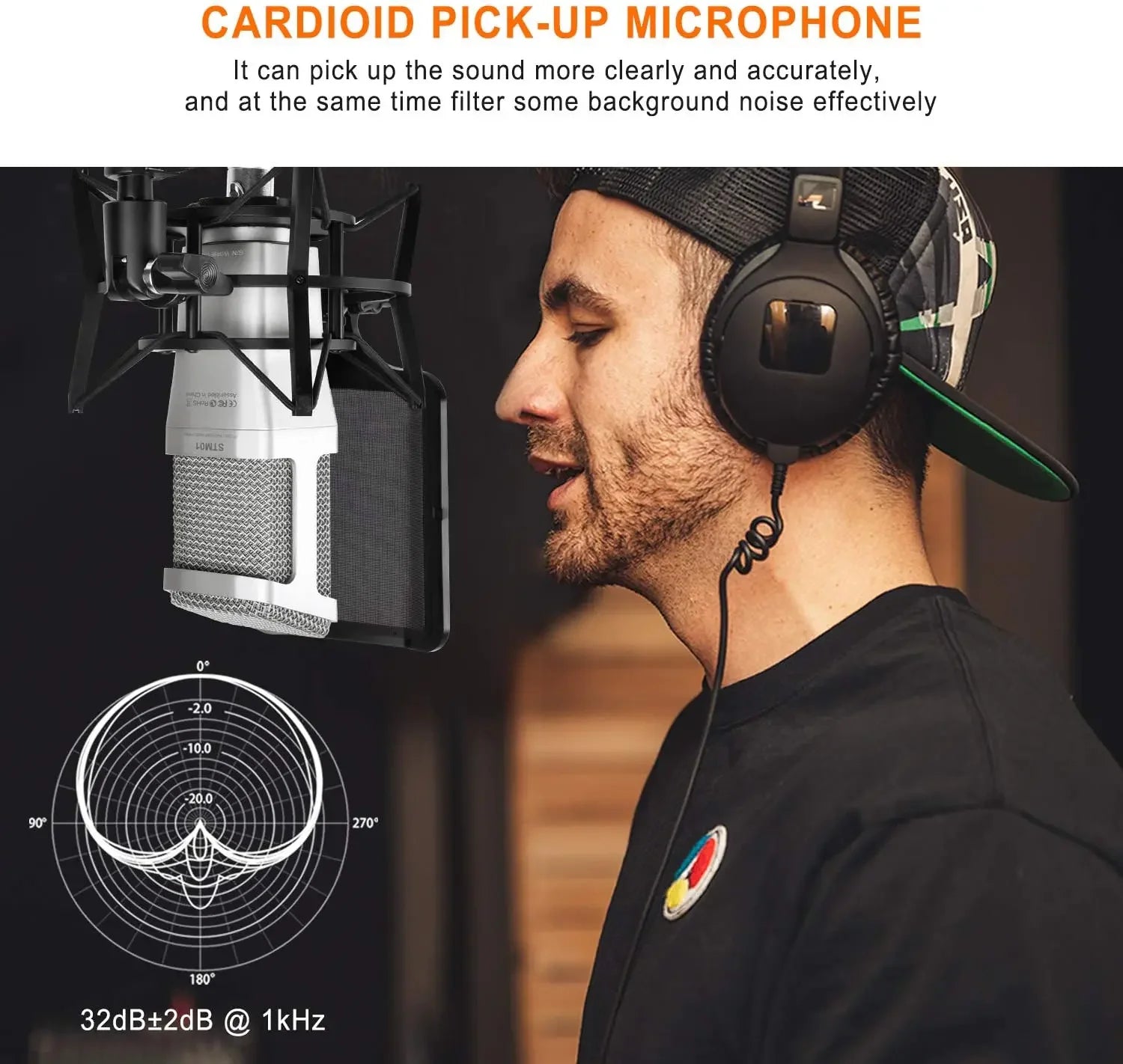 Professional Studio XLR Condenser Cardioid Microphone with Large Diaphragm and Pop Shield