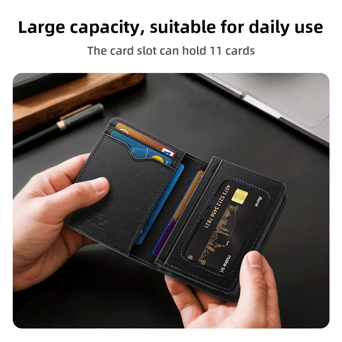 Large Capacity Smart Wallet Card Holder with Apple Find My Network GPS and Wireless Charging