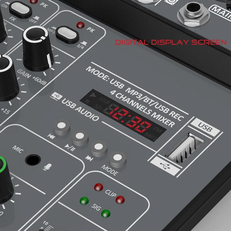 4-Channel USB Audio Mixer with Bluetooth & 48V Phantom Power for Studio, DJ & Karaoke