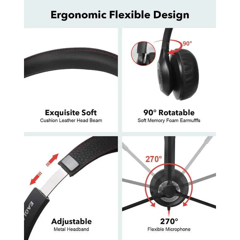 USB Wired Headset with Noise Cancelling Microphone and In-line Controls for Home Office