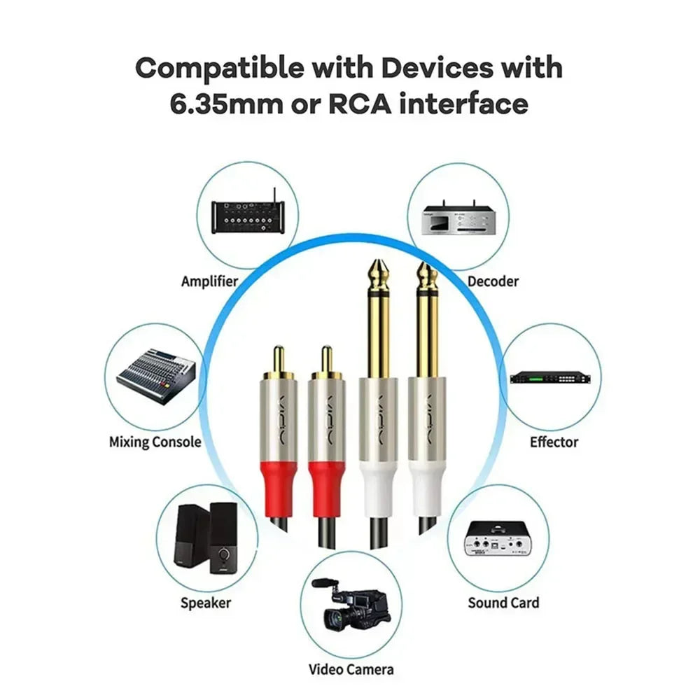 6.35mm to Dual RCA Stereo Cable 1/4 TS Male to 2 RCA Audio Lead for AV Systems