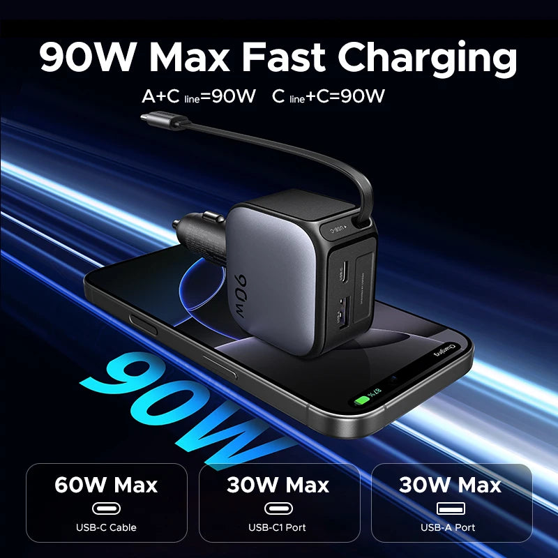 145/90/60W Car Charger with 3 USB-C and USB-A Ports PD QC4.0 Fast Charging Retractable Cable