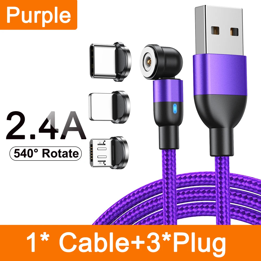 Magnetic 3 in 1 Fast Charging Cable with 540 Degree Rotate for Type C Micro USB and iPhone Devices