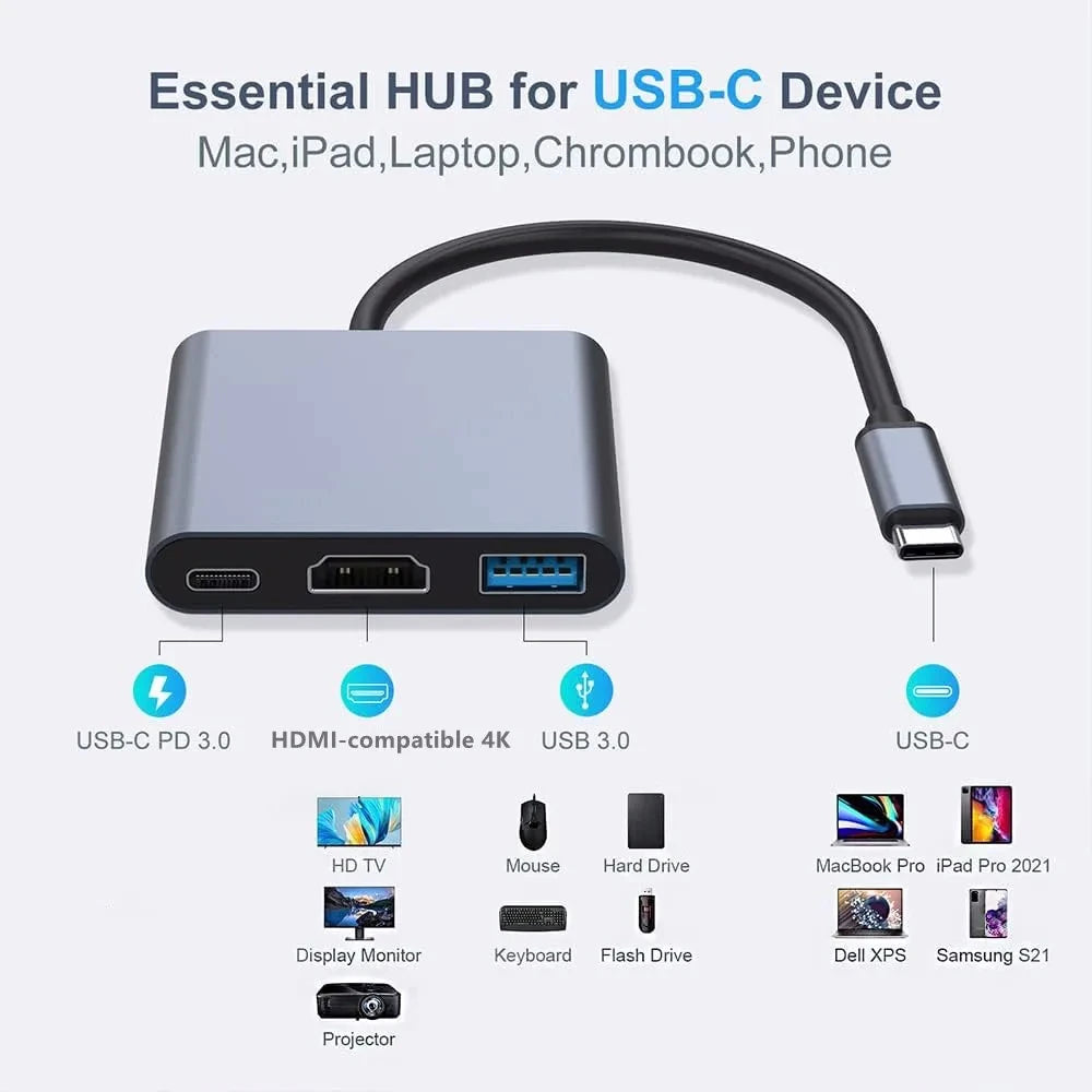 3 in 1 USB-C Hub with 4K HDMI USB 3.0 Data and Type-C Charging Adapter for Laptops