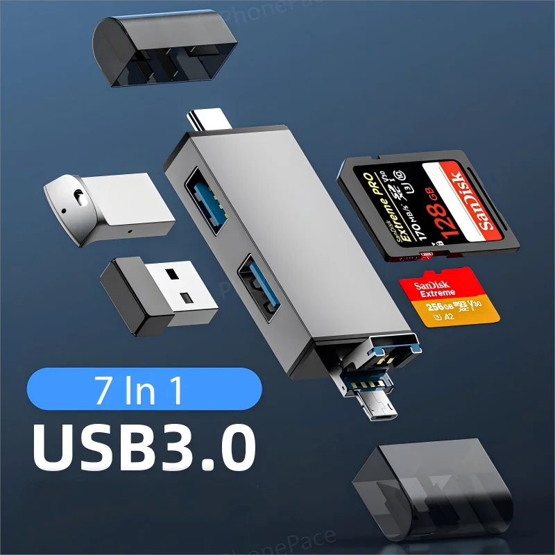 7-in-1 USB 3.0 Card Reader with Type-C Adapter for SD, TF, and Micro Memory Cards