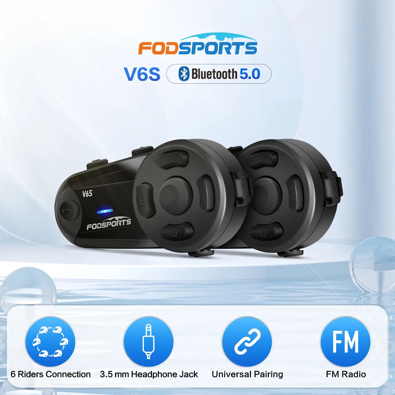 Bluetooth 5.0 Helmet Headset with Intercom, FM Radio, Noise Reduction, for up to 6 Riders 1000m