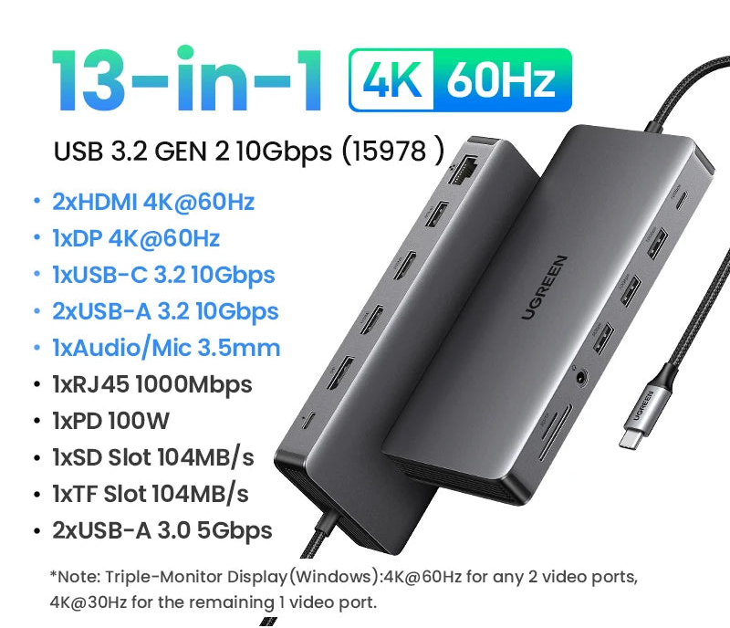 Dual HDMI USB-C Hub 10-in-1 Dock with 8K HDMI Gigabit Ethernet 100W PD USB Card Reader
